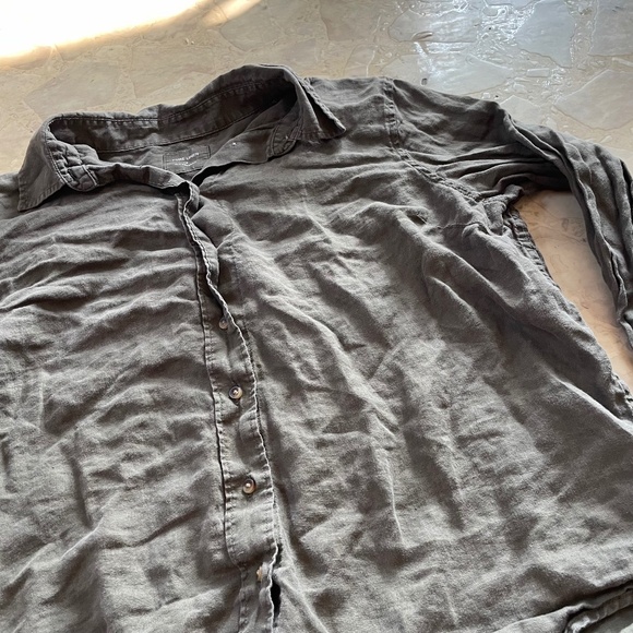 Pure Linen Olive Green Button Down Long Sleeve Shirt - Picture 2 of 5
